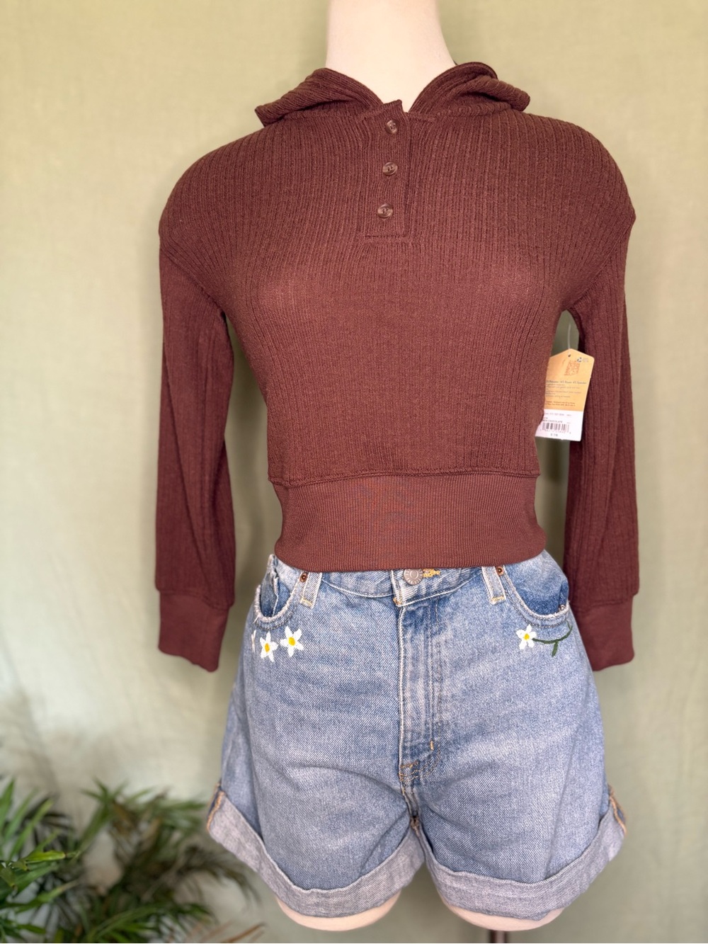 Brown Ribbed Hooded Cropped Sweater